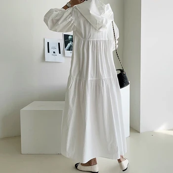 GALCAUR Vintage Kjole Til Kvinder Hooded Krave Lanterne Lange Ærmer Patchwork Løs koreanske Kjoler Kvindelige 2020 Falde Nyt Tøj