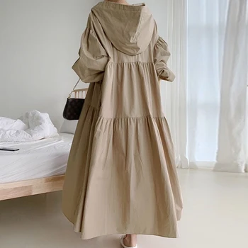 GALCAUR Vintage Kjole Til Kvinder Hooded Krave Lanterne Lange Ærmer Patchwork Løs koreanske Kjoler Kvindelige 2020 Falde Nyt Tøj
