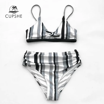 CUPSHE Tricolor Stribet Bikini Sæt Kvinder Sløjfeknude Høj Talje Trekant Bh To Stykker Badedragt 2021 Pige Stranden i badetøj
