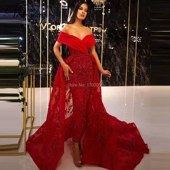 Red Beaded Kjoler Formel Off Skulder Kjole Til Aften I Saudi-Arabien Celebrity Prom Dress Dubai 2020 Brugerdefinerede Robe De Soiree