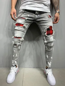 Mænd Ren Farve Grid Grå Jeans Patchwork Grid Jeans til Mænd Designer Hip Hop Bukser, Slim Fit Elastisk Hip-hop Stil Blyant Bukser