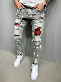 Mænd Ren Farve Grid Grå Jeans Patchwork Grid Jeans til Mænd Designer Hip Hop Bukser, Slim Fit Elastisk Hip-hop Stil Blyant Bukser