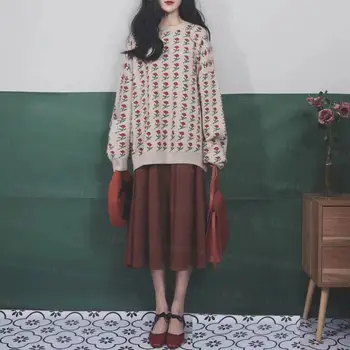 Sæt Kvinder Dejlig College koreanske Vintage Vinter Smarte Piger Outfits Blomster Trendy Bløde Alle-match Strik Høj Talje A-line Nederdel