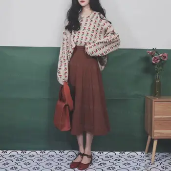 Sæt Kvinder Dejlig College koreanske Vintage Vinter Smarte Piger Outfits Blomster Trendy Bløde Alle-match Strik Høj Talje A-line Nederdel