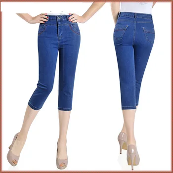 Jbersee Sommeren Blå Broderet WomenJeans Elastisk Vasket Jeans Plus Size Høj Talje Kalv-Længde Bukser Stretch Jeans til Kvinder