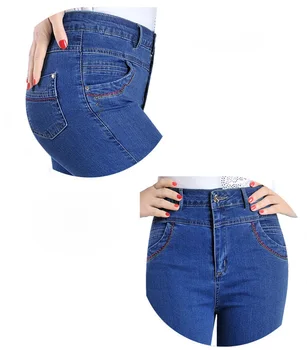 Jbersee Sommeren Blå Broderet WomenJeans Elastisk Vasket Jeans Plus Size Høj Talje Kalv-Længde Bukser Stretch Jeans til Kvinder