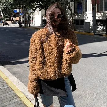 Tyrkiet Får curl ægte læder dobbelt-faced jakke kvinder reel lam pels mode korte luksus pels