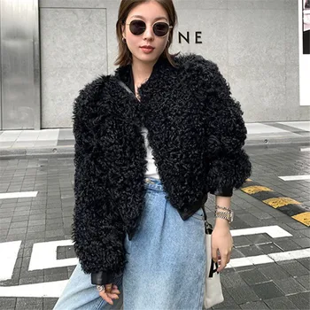 Tyrkiet Får curl ægte læder dobbelt-faced jakke kvinder reel lam pels mode korte luksus pels