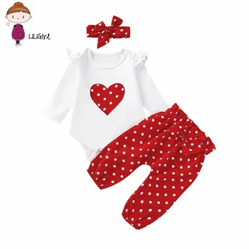 LILIGRIL Nyfødte Baby Piger Tøj med Lange Ærmer Hjerte Print T-shirt+røde prikkede Bukser+Pandebånd Spædbarn Baby Piger Tøj Sæt