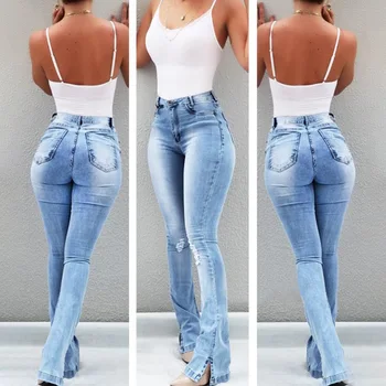 FNOCE kvinders slidte jeans bukser 2020 vinter nye casual fashion tendenser høj talje, stramme strække slim denim fuld Flare Pants