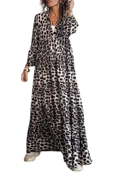 Sommer-Efterår Kvinder Boheme Leopard Kjole Damer Flare Ærmet Kjole Kvindelige V-hals, Lange Kjoler Shopping, Rejser, Dating