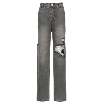 HEYounGIRL Revet Hul Kvast Strække Nødlidende Sort Jeans Kvinde, Høj Talje Vintage Casual Lige Denim Bukser, Capris Efteråret