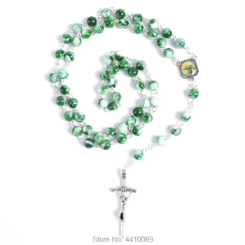 Fashionable Religiøse Rund Grøn Akryl Perler Jesus og St Cristopher Rosenkrans Halskæde