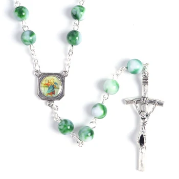 Fashionable Religiøse Rund Grøn Akryl Perler Jesus og St Cristopher Rosenkrans Halskæde