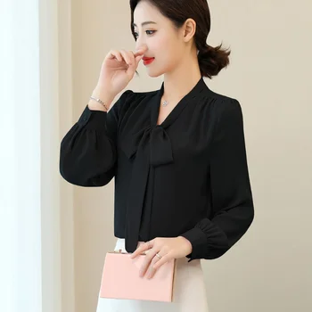 Koreanere Puff Ærmer Hvid Pink Elegant Bluse Kvinder Shirts Bue Chiffon Skjorte Efteråret Slank Bund Top Kontor Blusas Mujer De Moda