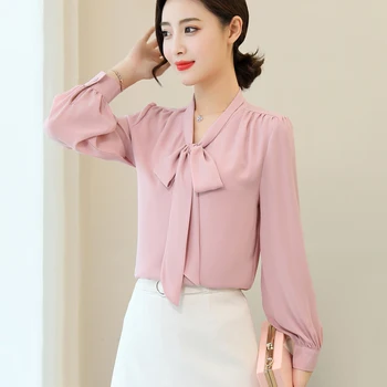 Koreanere Puff Ærmer Hvid Pink Elegant Bluse Kvinder Shirts Bue Chiffon Skjorte Efteråret Slank Bund Top Kontor Blusas Mujer De Moda