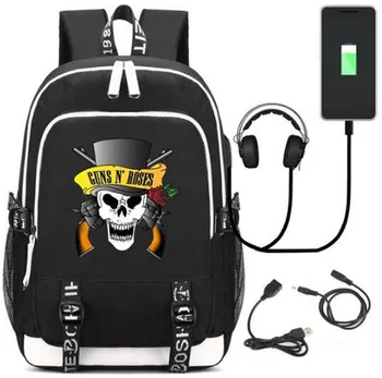 Guns N' Roses Nas Skull Hoved Rygsæk Taske w/ USB-Mode Port og Låse /Hovedtelefon Rejse skoleelever Taske