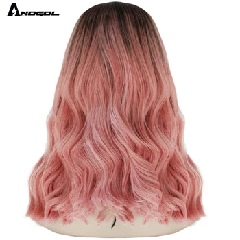Anogol Mørke Rødder Ombre Pink Syntetiske Lace Front Wig Lange Vand Bølge Paryk Gratis Del Høj Temperatur Fiber for Kvinder