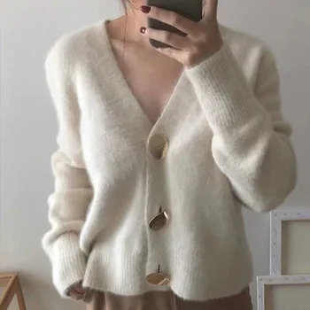 2020 nye efterår/vinter V-hals strikket faux cashmere sweater frakke, hånd-strikkede trække-på-lag