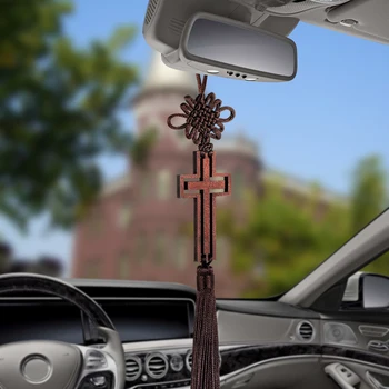 Hul Tværs Af Kvast Bil Bakspejl Hængende Ornamenter Auto Interiør Kristne Kors Dekoration Vedhæng Bil Tilbehør
