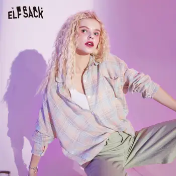 ELFSACK Flerfarvet Ternet Britiske Single Breasted Casual Skjorter Kvinder 2020 Sommeren ELF Lanterne Ærme koreanske Ladeis Daglige Tynd Top