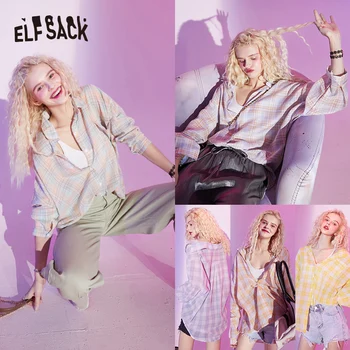 ELFSACK Flerfarvet Ternet Britiske Single Breasted Casual Skjorter Kvinder 2020 Sommeren ELF Lanterne Ærme koreanske Ladeis Daglige Tynd Top