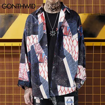 GONTHWID Japanske Ukiyo-E Geometri Patchwork Lange Ærmer 2020 Hip Hop Casual Streetwear Skjorter, Mænd, Kvinder, Mode Toppe