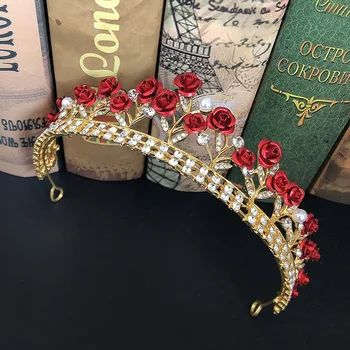 FORSEVEN Temmelig Romantisk Røde Rose Crown Håndlavet Rhinestone Krystaller Tiara Bruden Bryllup Hovedbøjle Guld Farve Kvinder Headpeice JL