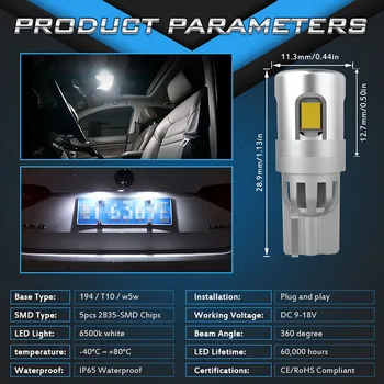2 stk W5W LED T10 LED-Pærer Canbus 2835SMD For Parkering positionslys Interiør Kort Dome Lys 6500K Hvid Auto Lamper til 12V