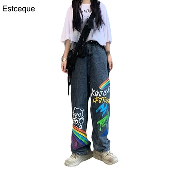 Hot design koreanske jeans vaskes barnlige rainbow trykt løs straight jeans kvinder casual demin bred ben bukser