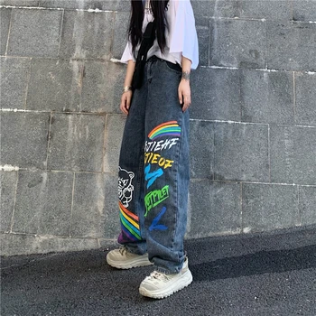 Hot design koreanske jeans vaskes barnlige rainbow trykt løs straight jeans kvinder casual demin bred ben bukser