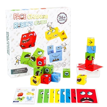 1 sæt Træ-Udtryk Gåder byggesten Magic Ansigt Skiftende Børn Montessori Pædagogisk Legetøj Logisk Tænkning Gave