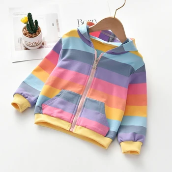 Efterår Baby Pige Overtøj Regnbue Stribet Casual Lynlås Hættetrøje Sweatshirt Børn Pels Outfits Koreansk Stil Toppe