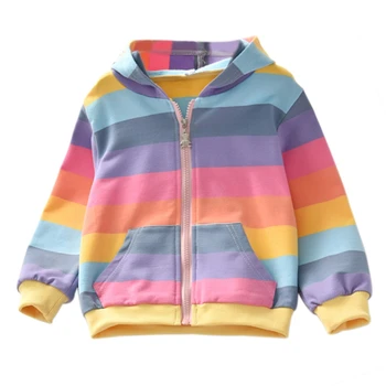 Efterår Baby Pige Overtøj Regnbue Stribet Casual Lynlås Hættetrøje Sweatshirt Børn Pels Outfits Koreansk Stil Toppe
