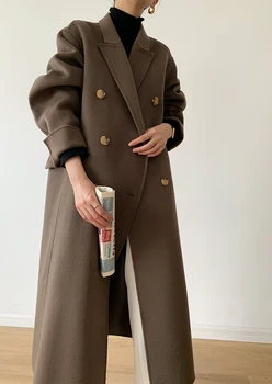 Nye vintage lang passer krave dobbelt breasted kvinder dobbeltsidet klud cashmere frakke frakke kan tilpasses stor størrelse
