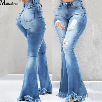 Efteråret Kvinder Sexet Høj Talje Rippet Flare Jeans 2020 Streetwear Damer Bukser Klokke Bunde Tynde Denim Vintage Jeans Bukser