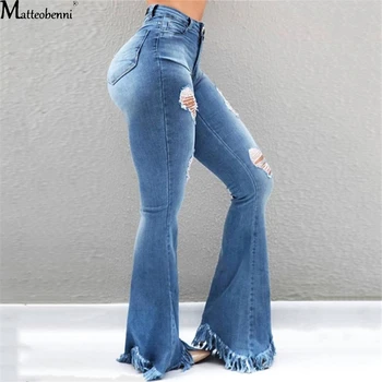 Efteråret Kvinder Sexet Høj Talje Rippet Flare Jeans 2020 Streetwear Damer Bukser Klokke Bunde Tynde Denim Vintage Jeans Bukser