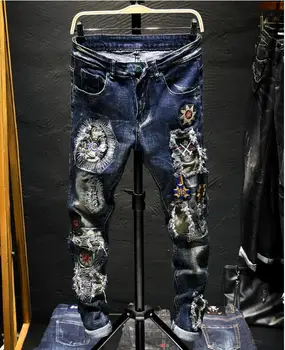 Punk bukser Mand jeans Efteråret Hul jeans Lang Denim Blyant Varme