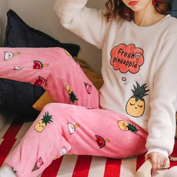 Kvinder Pyjamas Sæt Tyk Flannel Søde Print langærmet Top og Fuld Bukser 2 delt Sæt Kvindelige Varm Vinter Nattøj