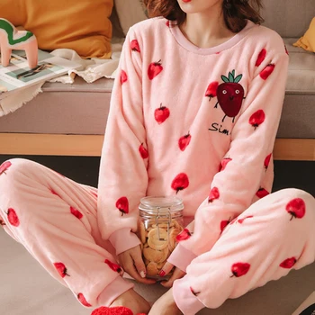 Kvinder Pyjamas Sæt Tyk Flannel Søde Print langærmet Top og Fuld Bukser 2 delt Sæt Kvindelige Varm Vinter Nattøj