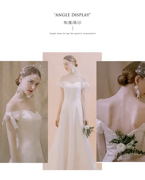 2020 One-shoulder retro satin-faced bryllup kjole med hvid sløjfe A-linje trave brudekjole