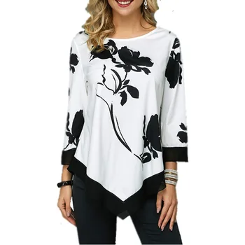 Foråret Efteråret Kvinder Casual T-shirts O-hals Trykt Uregelmæssige Løs Skjorte Fashion Damer Office-Shirt Plus Size Stretch Top S-5XL