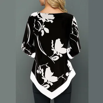 Foråret Efteråret Kvinder Casual T-shirts O-hals Trykt Uregelmæssige Løs Skjorte Fashion Damer Office-Shirt Plus Size Stretch Top S-5XL