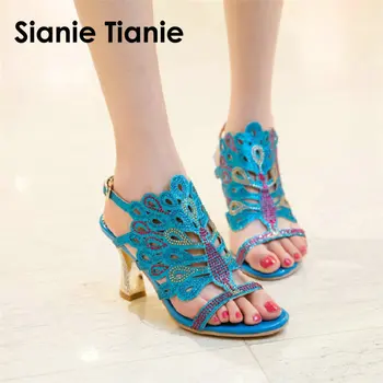 Sianie Tianie sommeren kvinde sko grøn blå etnisk boheme kvinder tynde høje hæle glimmer bling peacock sandaler med krystal