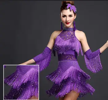 Nye latin dance kostumer kvinder salsa dancewear dans kostume kjoler ballroom konkurrence kjoler tango voksen frynser guld paillet