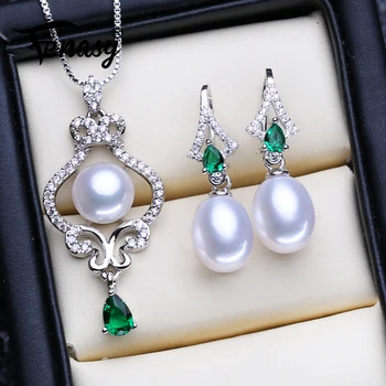 FENASY 925 Sterling Sølv Smykker Sæt Naturlige Perle Øreringe Til Kvinder Boheme Smaragd Stor Vedhæng Halskæder