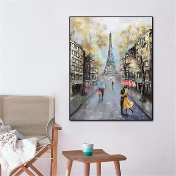 Romantiske By Oil Painting Landskab Tower Par Med Paraply på Wall Street Art Billede Plakat Lærred Maleri Hjem Indretning