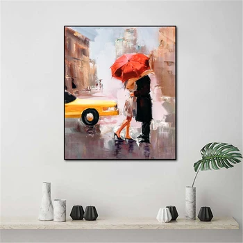 Romantiske By Oil Painting Landskab Tower Par Med Paraply på Wall Street Art Billede Plakat Lærred Maleri Hjem Indretning