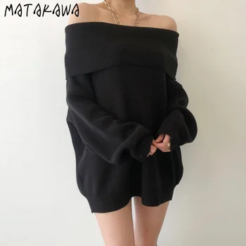 MATAKAWA To-wear Lange ærmer Strikket Sweater Kvinder koreanske Off-the-skulder Halsudskæring Trøjer Løs Vinter Tøj til Kvinder