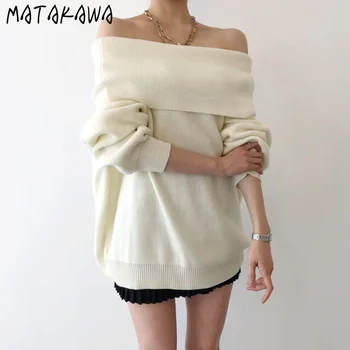 MATAKAWA To-wear Lange ærmer Strikket Sweater Kvinder koreanske Off-the-skulder Halsudskæring Trøjer Løs Vinter Tøj til Kvinder